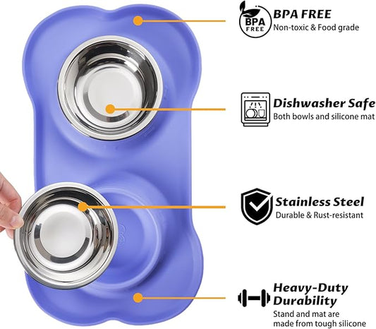 Hubulk Pet Dog Bowls 2 Stainless Steel Dog Bowl with No Spill Non-Skid Silicone Mat + Pet Food Scoop Water and Food Feeder Bowls for Feeding Small Medium Large Dogs Cats Puppies (Large, Purple)