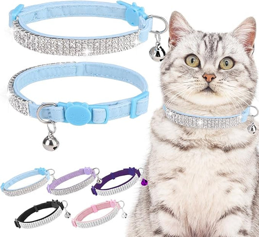 EXPAWLORER Soft Velvet Safe Cat Collars for Girl Cats - Rhinestones Bling Diamante Adjustable Collars Breakaway- Chirstmas Cat Clollar Gifts with Bells for Boy Cats Kitty and Small Dogs