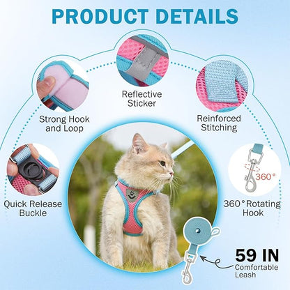 SCENEREAL Cat Harness and Leash Set Escape Proof, Adjustable Soft Air Mesh Kitten Harnesses for Girls Boys Small Medium Big Cats, Reflective Light Travel Pet Walking Vest for Puppy Rabbit, Pink S