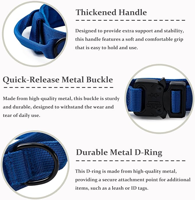 Tactical Dog Collar, Adjustable Military Training Nylon Dog Collar with Control Handle and Heavy Quick-Release Metal Buckle for Small Medium Large Dogs, Dark Blue M