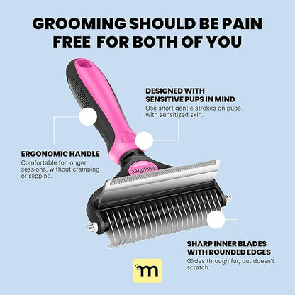 MalsiPree Dog Brush for Shedding - 2 in 1 Undercoat Rake Deshedding Tool for Medium to Large Double-Coated Dog Grooming - Pet Dematting Comb - Pet Deshedder (Pink)
