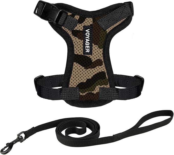 Voyager Escape-Proof Step-in Lock Cat Harness & 5ft Neoprene-Handle Leash Set All-Weather Mesh with Reflective Stitching for Small to Large Cats by Best Pet Supplies, Army/Black Trim, S