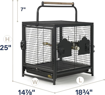 Prevue Pet Products Playtop Travel Carrier - Outdoor Travel Bird Cage for Small Parrots & Birds, Front Facing Door, Rope Perch, Lightweight & Portable, Easy Transport - Black