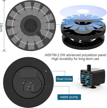 AISITIN 2.5W Solar Bird Bath Fountain Pump, Solar Fountain Pump for Bird Bath with 6 Nozzles, 6.7" Solar Powered Water Fountain Pump for Garden, Ponds, Pool, Fish Tank, Aquarium and Outdoor