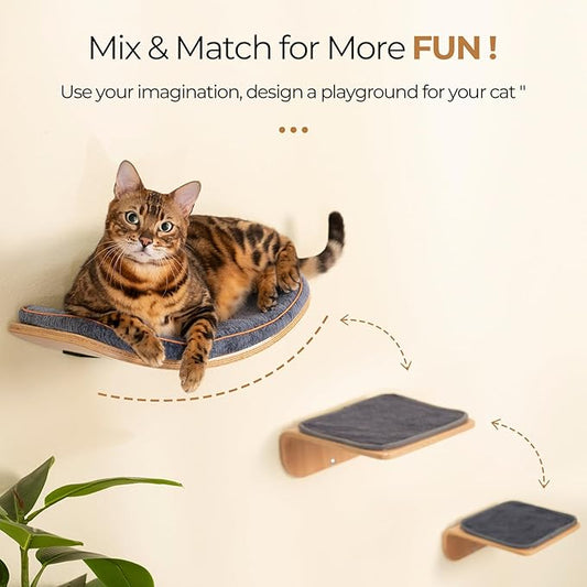 Cat Wall Shelves for Cat Wall Steps, Perch, Ladder, Wooden Floating Modern Mounted Space Saving Furniture with Scratching Cushion Removal Cover for Climbing, Jumping and Sleeping(Combo)