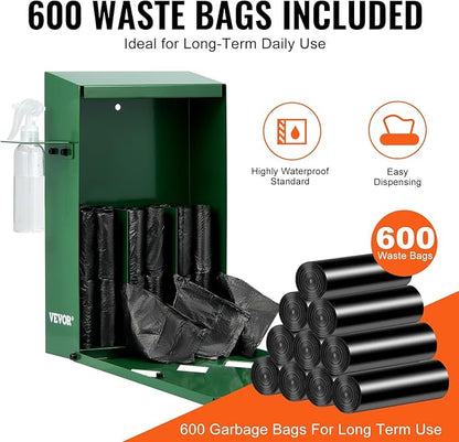 VEVOR Dog Poop Bag Dispenser with Hand Wash Bottle, Lockable Outdoor Dog Waste Bag Holder with 600 Waste Bags, Stake, Pole, Fence & Wall Mounted Dog Poop Bag Storage, Pet Waste Station for Porch, Lawn