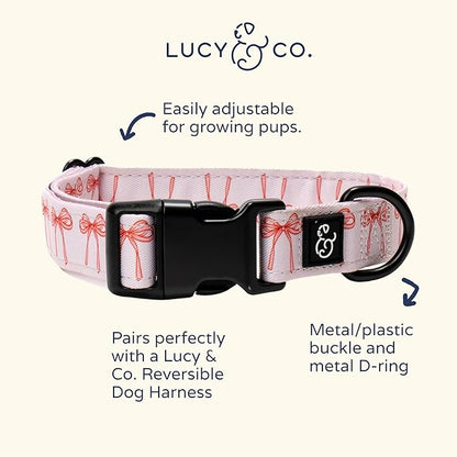 Lucy & Co. Ballet Bows Dog Collar - Durable Lightweight Designer Collar for Pets - Adjustable Metal Safety Buckle - White & Pink Bows - Medium