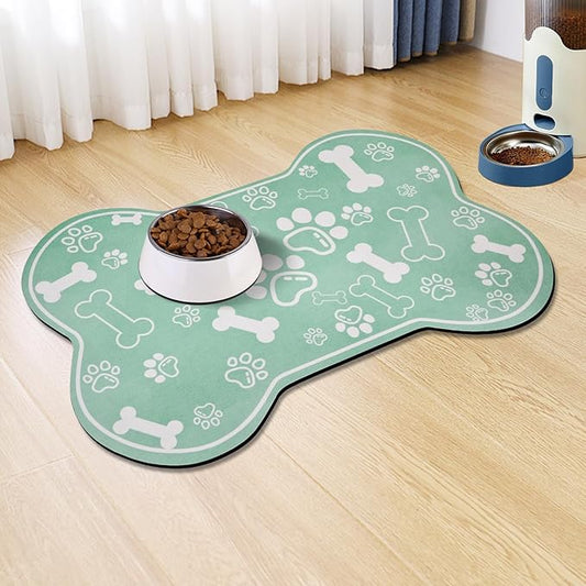 Dog Cat Mat for Food and Water,Rapid Absorbent Pet Feeding Mat, Bone Shaped Dog Placemat Bowl Mat with Rubber Backing,No Stains Pet Food Mats Indoor, Pet Accessories Supplies,Green 23"×36"