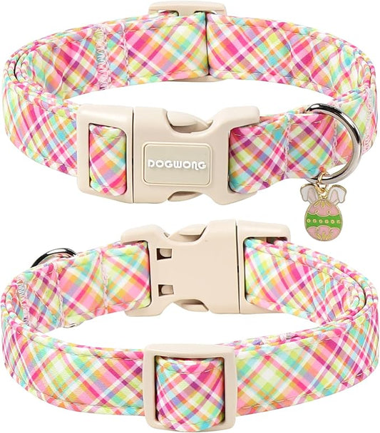 DOGWONG Easter Dog Collar, Cute Easter Colorful Plaid Pet Collar Durable Holiday Girl Boy Adjustable Cotton Dog Collars for Small Dogs,S Visit The Elegant Little Tail Store