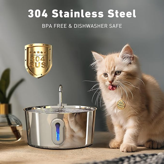 Stainless Steel Cat Water Fountain, 135oz/4L Automatic Pet Fountain Dog Water Dispenser with Ultra-Quiet Pump & 2 Replacement Filters & for Cats Inside, Dogs, Multiple Pets