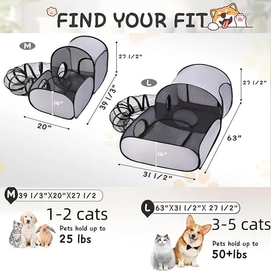 Dog Playpen with Surround Tunnel, Outdoor/Indoor Cat Playpen with Breathable Soft Sides，Tailtastic Cat Enclosure Tent for Small Animals, Portable Cat Tent with Carry Bag (Large)