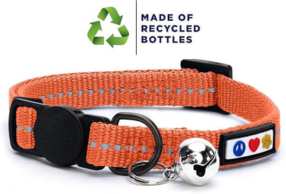Pawtitas Recycled Coral Reflective Cat Collar – Eco-Friendly Breakaway Safety Buckle, Adjustable Kitten & Adult Collar with Removable Bell and High-Visibility Strap