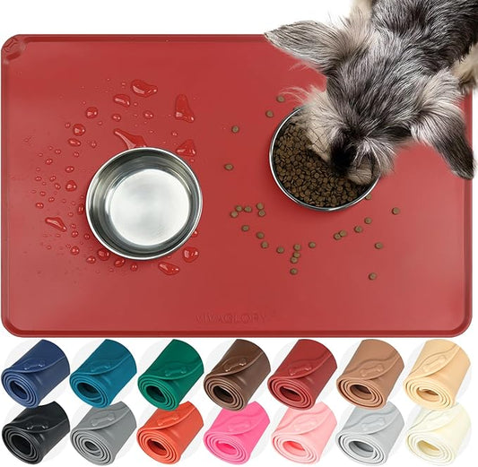 VIVAGLORY Dog Food Mat Flexmat Dog Bowl Mat, Placemat Food Tray with Raised Edges & Lip for Indoor Floor, Non Slip Waterproof Silicone Dish Placemat for Cat & Pet, L, Burgundy