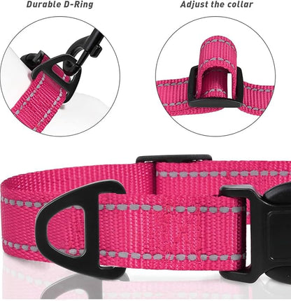 TagME Dog Collar, Adjustable Reflective Nylon Pet Collar with Quick Release Buckle for Medium Dogs, Hot Pink, 1.0" Width