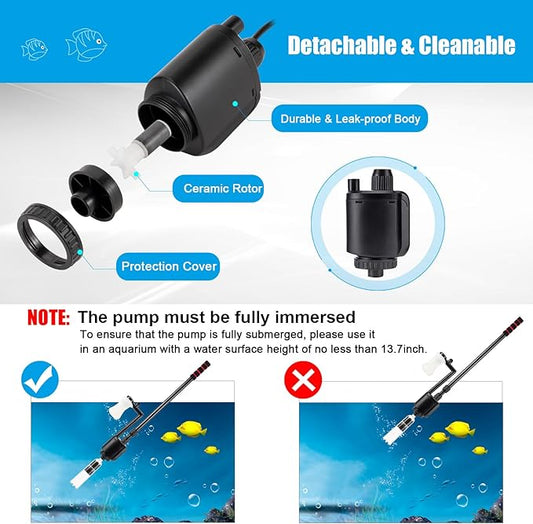 AQQA Aquarium Gravel Cleaner, 6-in-1 Electric Fish Tanks Gravel Vacuum Cleaner Set for Remove Dirt, Change Water, Wash Sand, Water Shower, Water Circulation (20W, 320GPH)