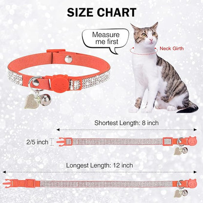 Rhinestone Cat Collar Breakaway with Bell, Diamond Cat Collar with Safety Buckle Quick Release for Girl Boy Small Kitten Pets Puppy,Cute Soft Female Male Cat Collars, Color Orange 8-12"