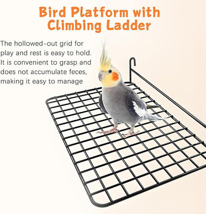 BNOSDM 4 PCS Bird Perches Platform, Stainless Steel Grid Platform for Parakeet Parrot Stand with Climbing Ladder Bird Cage Accessories for Small to Large Birds (Black)