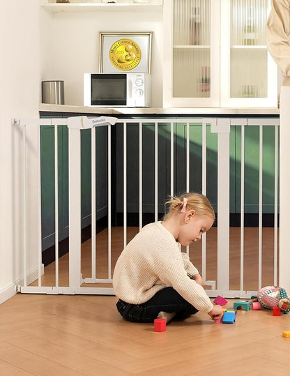 Babelio Metal Baby Gate, 29-43" Auto Close Easy Install Pet Gate PressGuard P7, Extra Wide Walk Thru Child Safety Gate, 30" Tall Pressure Mounted Dog Gate for Doorways & Stairs, White