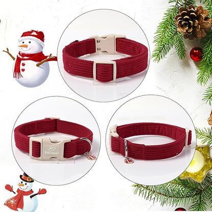 Cute Corduroy Dog Collar - Burgundy Adjustable Dog Collars for Small Dogs 10-25lbs, Fade-Proof with Secure Snap & Little Charm, Christmas Birthday Gift, S