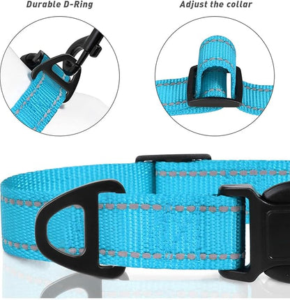 TagME Reflective Nylon Dog Collars, Adjustable Classic Pet Collar with Quick Release Buckle for Large Dogs, Sky Blue, 1.0" Width