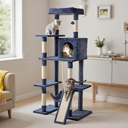 Sweetcrispy 63 inch Cat Tree Tower, Large Multi Level Cat Climbing Tower with Condo, Natural Sisal Scratching Posts, Extended Platform, Hammock, Pet House for Indoor Cats and Kittens Play, Dark Grey