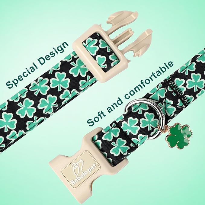 St Patricks Day Dog Collar for Large Dogs - Green Lucky Shamrock Boy Dog Collars, Irish Clover Pattern Black Male Puppy Collar with Quick Release Buckle L