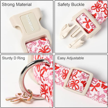 DOGWONG Cute Dog Collar, Pink Bow Pattern Dog Collar, Girl Female Dog Collars with Strong Plastic Buckle for Small Dogs,M