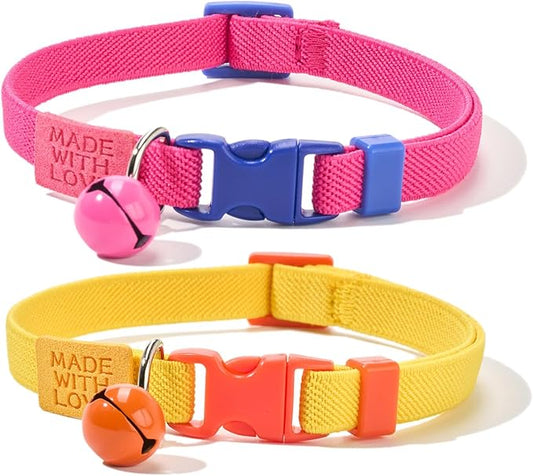 Elastic Cat Collar 2 Pack of Safety Quick Release Cat Collars with Bell Anti-Suffocation Kitten Puppy Collars(Yellow+Hot Pink)