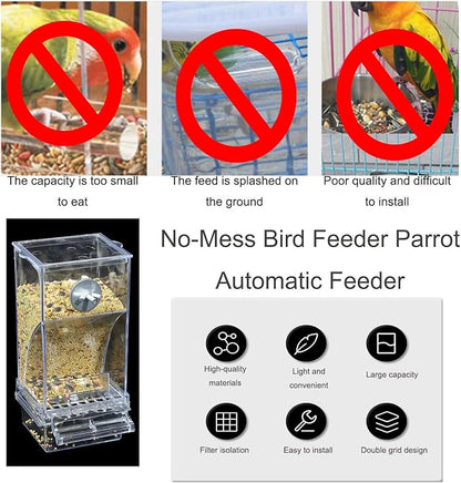 No Mess Bird Feeder,Bird Feeder for Cage,Automatic Acrylic Parakeet Feeder Cage Accessories for Small Birds Parrot Parakeets Canary Cockatiel Finch(Transparent)