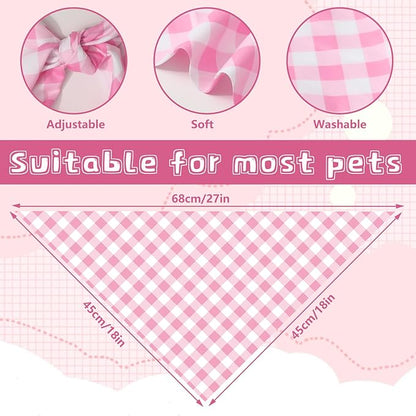 2Pcs Pink Plaid Dog Bandanas Valentine's Triangle Pet Scarf Adjustable Puppy Neckerchief Dog Bib for Medium Large Cat Costume Accessories