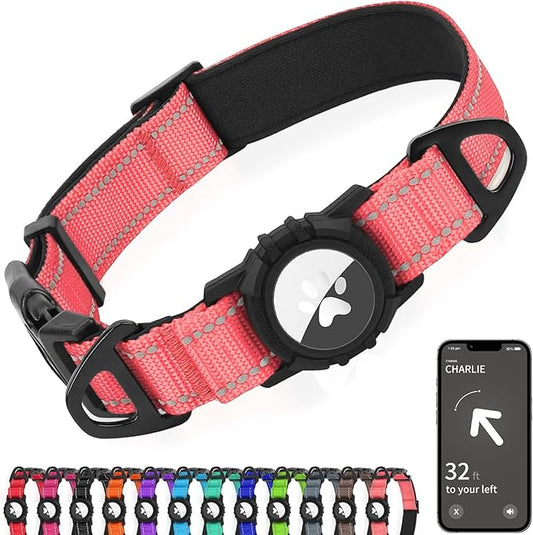 Joytale Airtag Dog Collar, Reflective Pet Collar with Waterproof AirTag Holder, Dual D-Rings, Soft Padded Adjustable for Small Dogs, Neon Pink, S