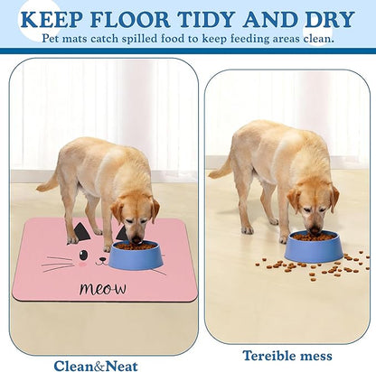 Pink Cat Dog Food Mat–Christmas Stocking Absorbent Quick Dry Feeding Placemat for Food and Water Bowls, Non Slip Rubber Backing, Waterproof Pet Supplies for Mess-Free Eating 12"x20"