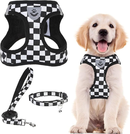 PUPTECK Adjustable Dog Harness Collar and Leash Set Step in No Pull Pet Harness for Small Medium Dogs Puppy and Cats Outdoor Walking Running, Checkered Black&White M