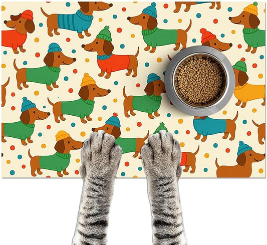 Cute Dachshund Dogs Pet Food Mat Spill-Proof Pet Feeding Mat for Food and Water Bowl Pets Placemat Easy Clean Fast Dry Area Mat for Cats Kittens & Small Dogs 24" x 16"