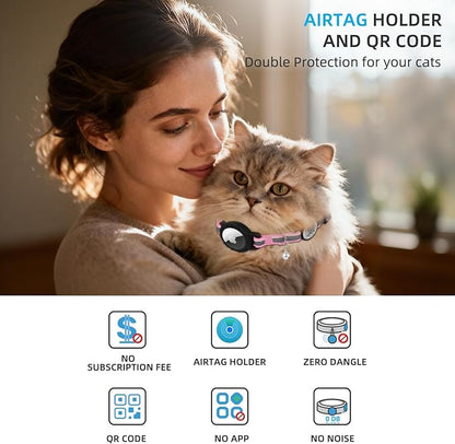 Airtag Cat Collar Breakaway with QR Code Name Tag, Reflective cat Collar airtag Holder with Bell, Cat ID Tag Personalized, Ultra-Durable, Adjustable, Quick Release, Fits Small Large Cats, Pink