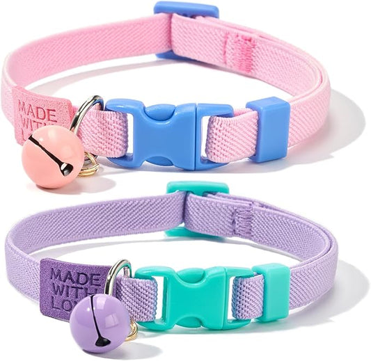 Elastic Cat Collar 2 Pack of Safety Quick Release Cat Collars with Bell Anti-Suffocation Kitten Puppy Collars(Pink+Lilac)