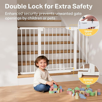 Cumbor 29.7"–51.5" Extra Wide Baby Gate for Stairs, Pressure-Mounted Dog Gates for Doorways & Hallways, Auto-Close Walk-Through, No-Trip Design, Child Proof Safety, Dog/Pet Gate for Indoor Use, White