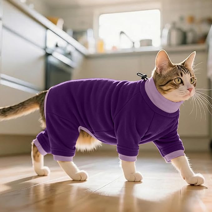 PUMYPOREITY Cat Recovery Suit, Stops Wound Licking After Surgery, Sticky Hair Shirt with Sticky Fabric, Cat Pajamas Prevents Over-Grooming, Purple, XS