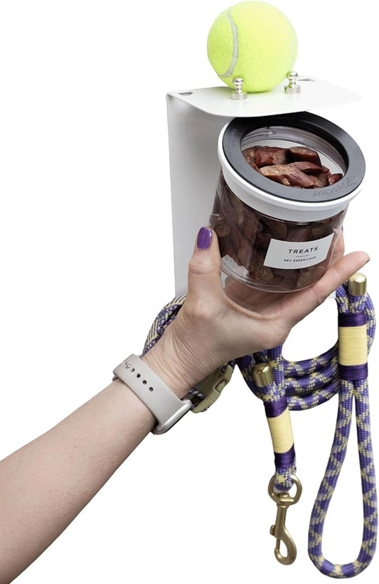 Dog Treat Holder For Wall Storage For Pets, Premium Pet Wall Organizer, Includes One 16oz Airtight Dog Treat Jar, 2 Sets of Triple Hooks, Sturdy Shelf in Designer White