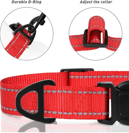 TagME Reflective Nylon Dog Collars, Adjustable Classic Pet Collar with Quick Release Buckle for Large Dogs, Red, 1.0" Width