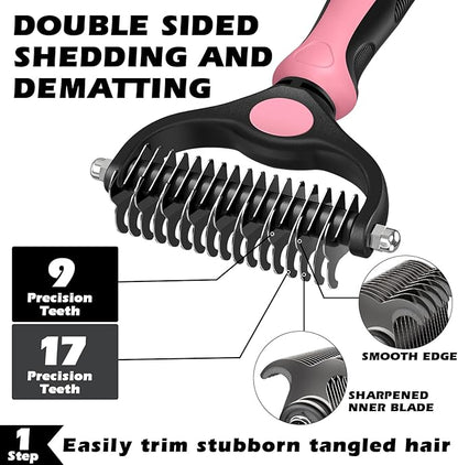 3PCS Self Cleaning Slicker Brush & Pet Grooming Rake & Flea Comb for Dogs,Cats and Horses | Double-Sided Dematting Comb & Skin Friendly Deshedding Grooming Tool | Pet Supplies (Light Pink Black)