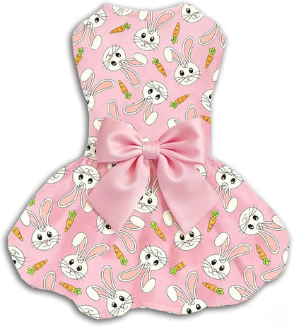Easter Dog Dress with Bunny & Carrot Print, Festive Holiday Pink Spring Pet Outfit with Satin Bow for Small Medium Dogs