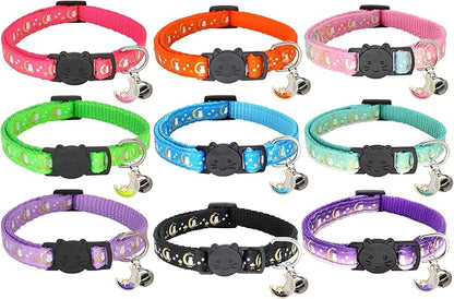 2 Pack Breakaway Cat Collar with Bells, Adjustable Moon and Star Kitten Safety Collars for Boys & Girls, Black+Hotpink