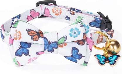 Breakaway Cat Collar with Cute Bow Tie Bell 2Pack Rainbow Butterfly Pattern for Male Female Soft Cotton Kitty Kitten Collar Cute Summer Collars Ideal for Girl Cats Boy Male Cats