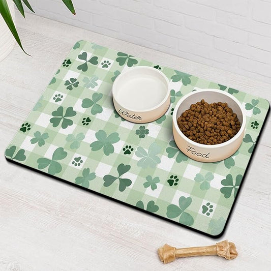 St Patricks Day Dog Food & Water Mat, Green Shamrocks Paw Prints Clover Pet Feeding Mat for Floor Non-Slip Waterproof, Super Absorbent Cat Bowl Mat, Easy to Clean Pet Placemat,16" × 24"