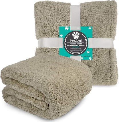 PetAmi Fluffy Waterproof Dog Blanket for Bed Large Dogs, Soft Warm Pet Sherpa Throw Pee Proof Couch Cover, Reversible Cat Blanket Sofa Crate Kennel Protector, Washable Mat (Taupe Camel, 60x80)