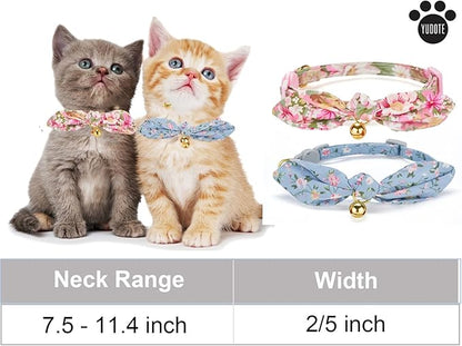 Cotton Bowtie Cat Collar with Bell 2 Pack Stylish Floral Breakaway Kitten Collars with Removeable Knot Bow,Blue & Pink