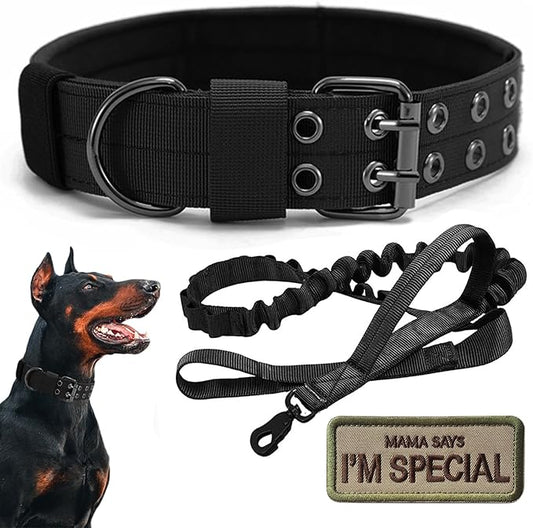 Tactical Dog Collar Military Adjustable Dog Collars Soft Nylon Training Collar with Patch Heavy Duty Metal Buckle Collars for Medium Large Dogs (Black-1, XL)