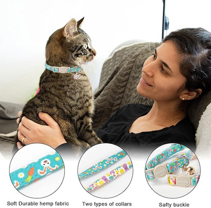 Cat Collar,2 Pack Easter Day Bunny Cat Collars Breakaway with Bell, DOGWONG Safety Buckle Cat Collar Rabbit Cat Collar for Girl Boy Cats，Adjustable 7-12 Inch