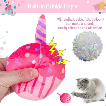 BINGPET Cat Birthday Catnip Toys for Indoor Cats, 5 Pcs Cat Birthday Gift Kitten Interactive Toys for Boy Girl Cats, Soft Plush Catmint Kitty Chew Kick Toy, Hat, Bandana, Balloon, Cake, Fish, Pink